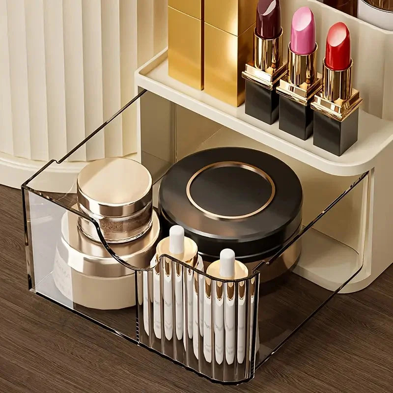 360° Rotating Makeup Organizer with Brush Holder & Drawer Desktop Large Capacity Skincare Cosmetic Tools Lipstick Display Cases Vue