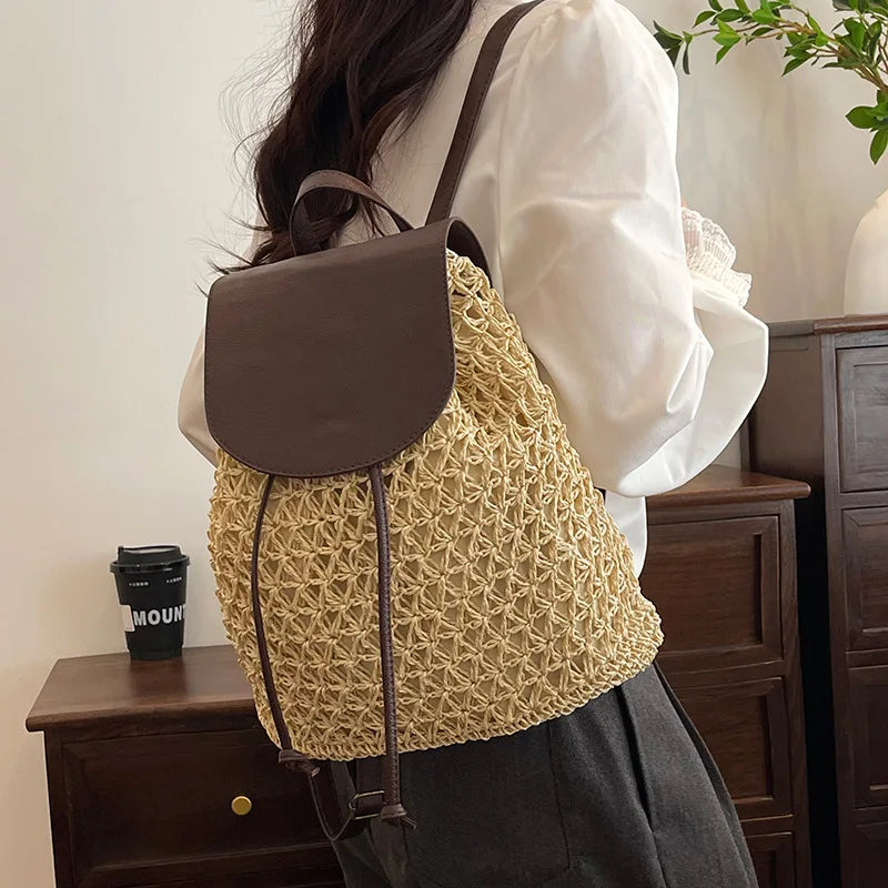 Vintage Straw Backpack Women's Fashion Shoulder Bag Versatile Woven