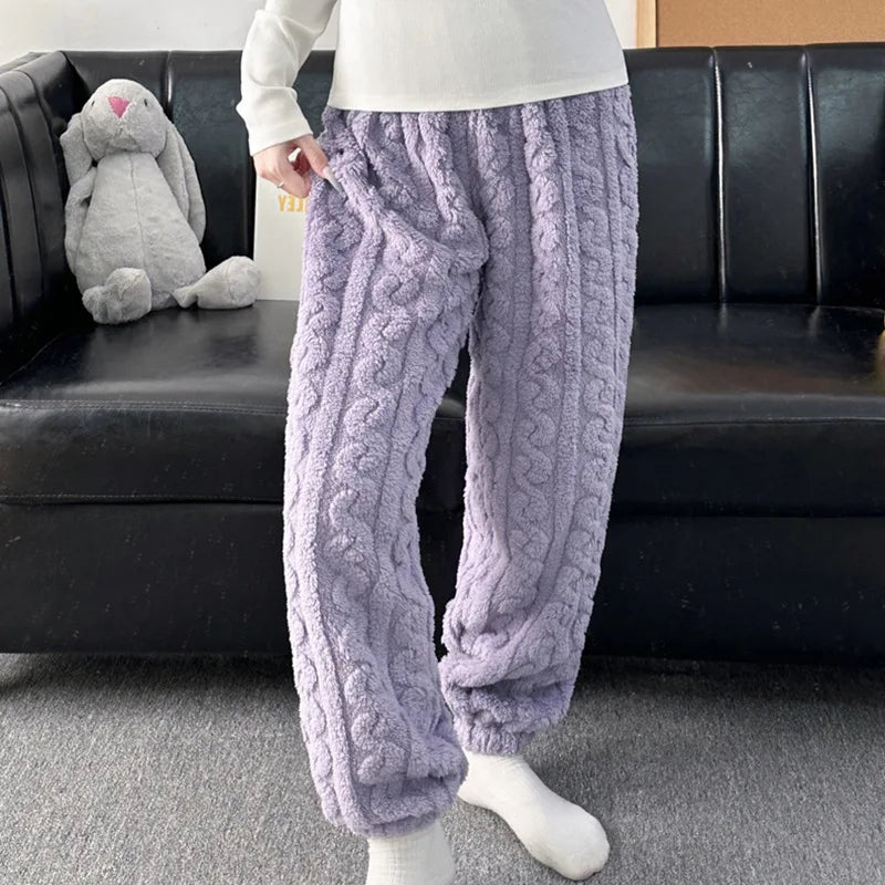 Women Coral Fleece Pants Thickened Warm Cable Knit Lounge Bottoms Relaxed Fit Sleep Pajama Pants for Home Winter Wear Vue