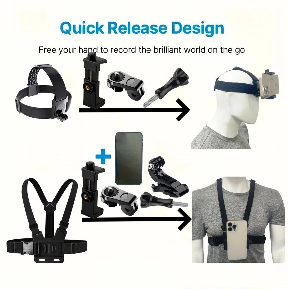 All-in-One 6pcs Action Camera Kit Head Strap Chest Strap Mount Adjustable for GoPro Phone Osmo Enhanced Stability Versatility Vue