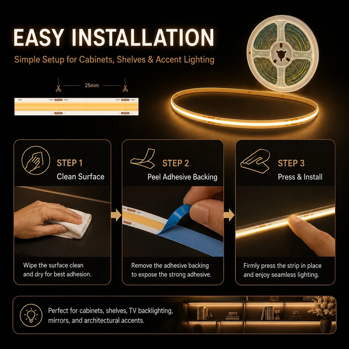 COB LED Light Strip Gesture Sensor Switch Control Dimmer Easy to install Suitable For Living Room Cupboard Bedroom Lighting Vue