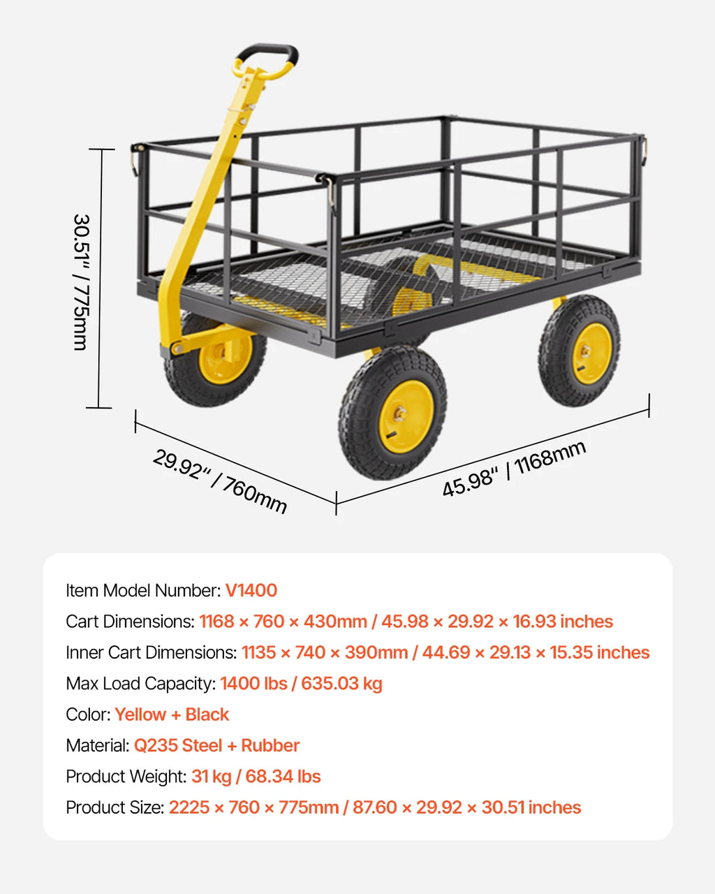 500 lb Steel Garden Wagon Cart | All-Terrain, Removable Sides Steel Garden Wagon Vue 1400lbs Mexico