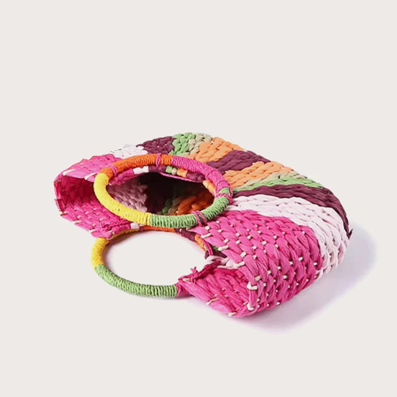 Straw Bag Women Hand-woven Handbags Moon Shape Rattan Tote Big