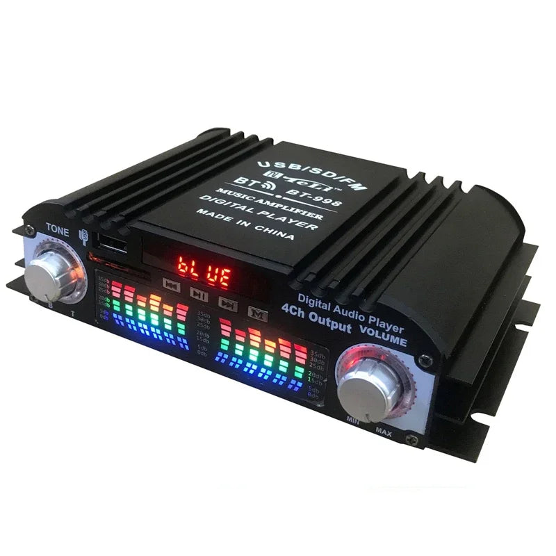 12V/220V Mini Bluetooth HiFi Power Amplifiers Stereo Car Home Audio Digital Sound Amplifier LCD Display FM SD USB Bass Vue BT-998