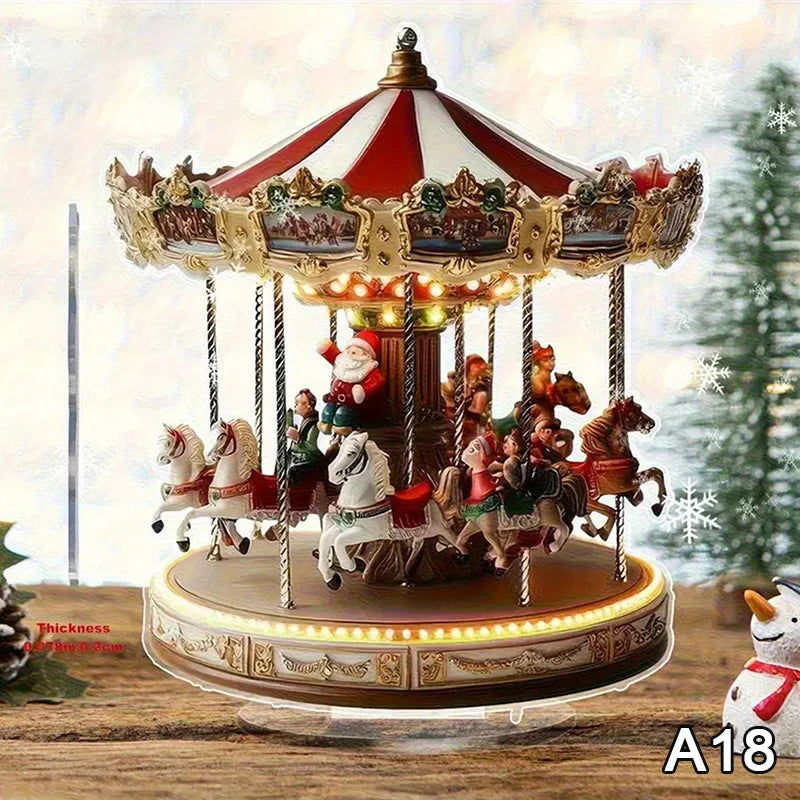 2D Flat Acrylic Christmas Desk Decor With Base Snowman House Rotating Carousel Design Indoor/Outdoor Home Office Decoration Vue A18