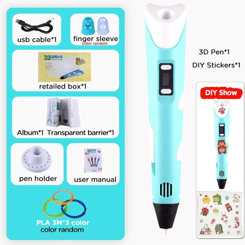 3D Printing Pen Kids PLA 40 Colors 1.75mm PLA Filaments Children 3D Doodle Pen DIY Drawing Pens Boys Girls Birthday Gifts Vue blue pen add 9M PLA Filagment