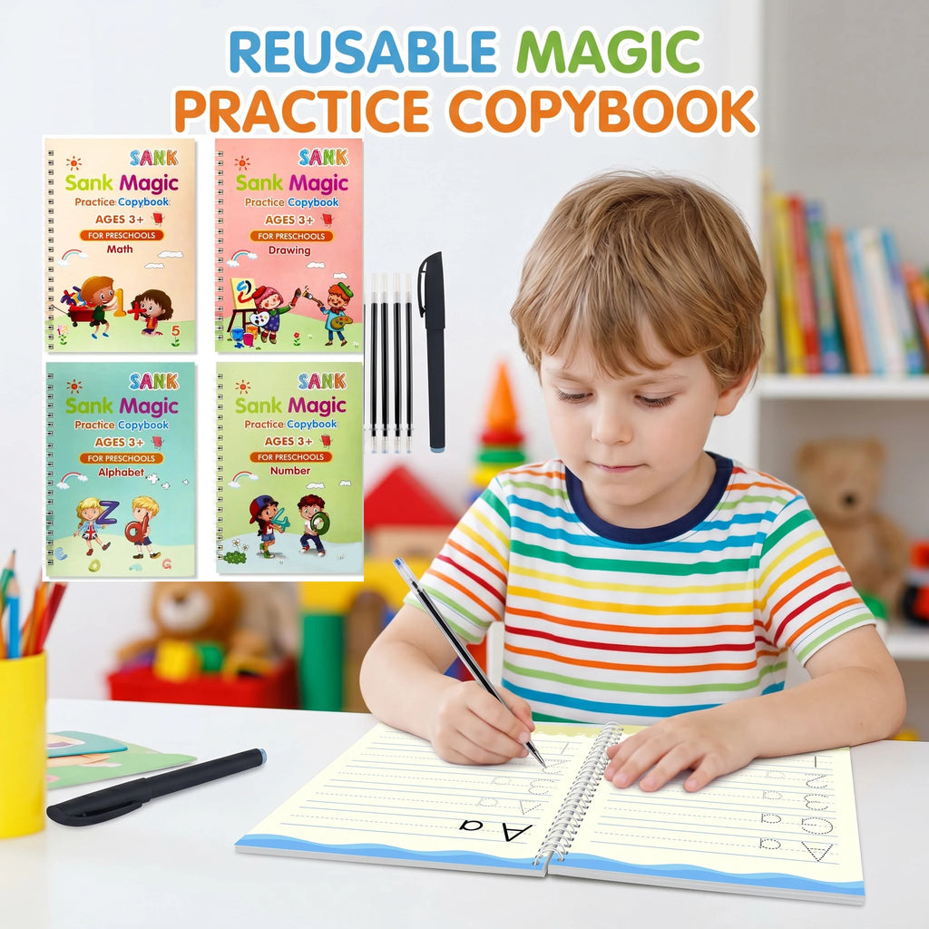Children Reusable Magic Practice Copybook Kids Grooved Handwriting Tracing Book with Pen Holder Preschool Learning Boy Girl Gift Vue