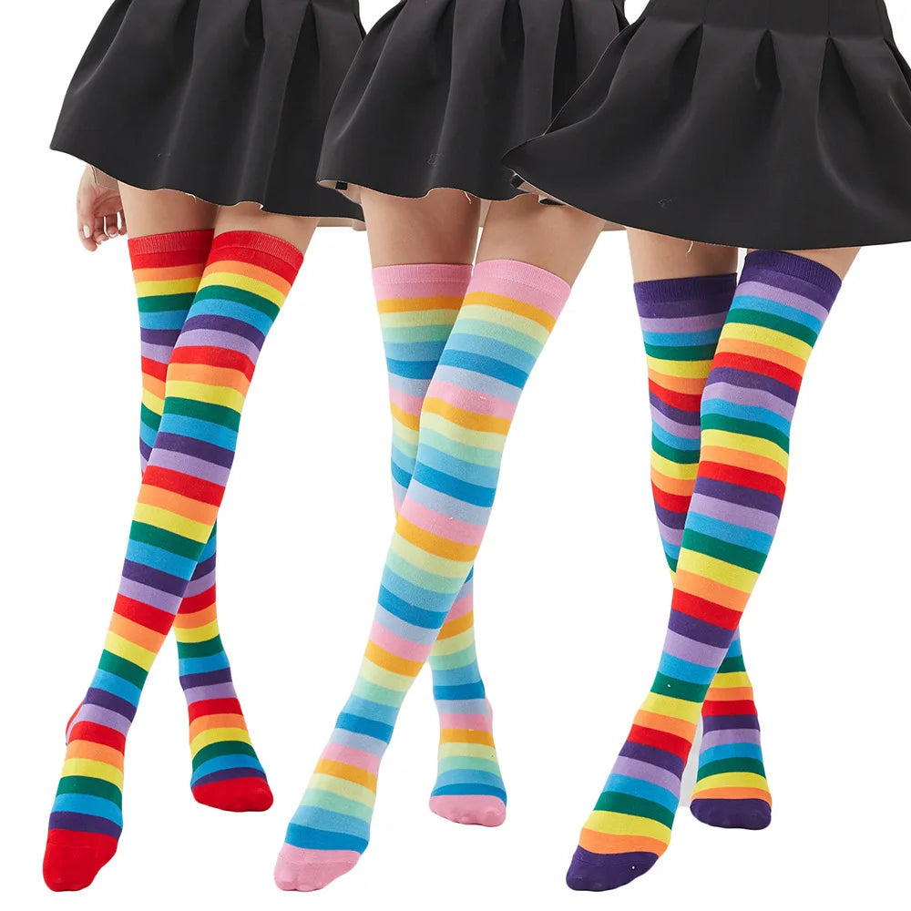 1-10Pairs Multicolor Stripe Over Knee Socks for Women Halloween Party Cosplay Performance Thigh High Long Leg Stockings Stretchy Vue