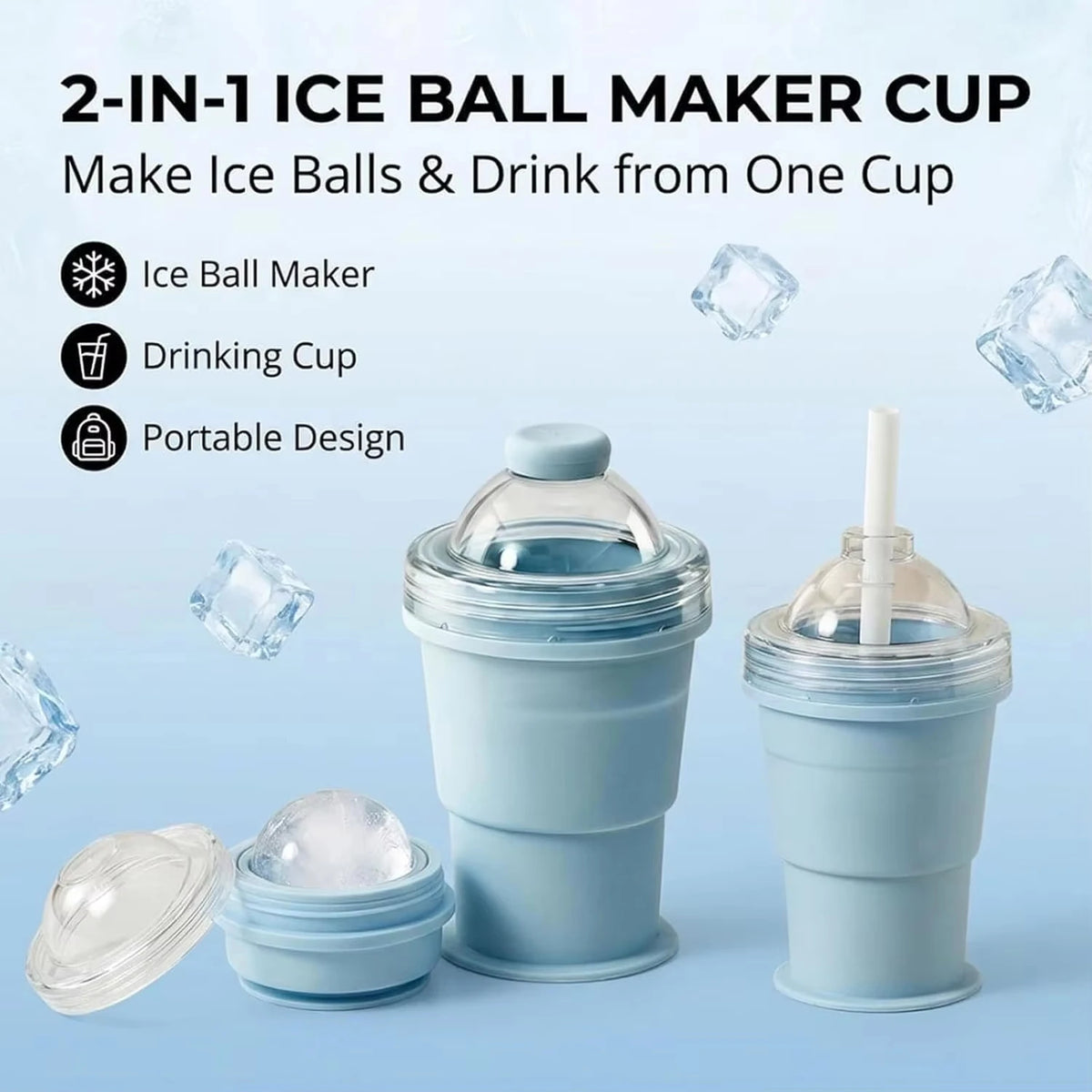 2-in-1 Collapsible Silicone Ice Ball Cup Reusable Portable Ice Sphere Mold with Straw Lid for Coffee Juice Drinks Vue