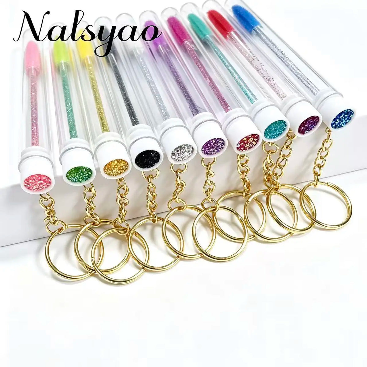 Mascara Wands In Tubes Container Lash Spoolies Comb Brushes 10pcs Reusable Eyelash Brush Tubes With Gold Keychain Sparkling Lash Vue