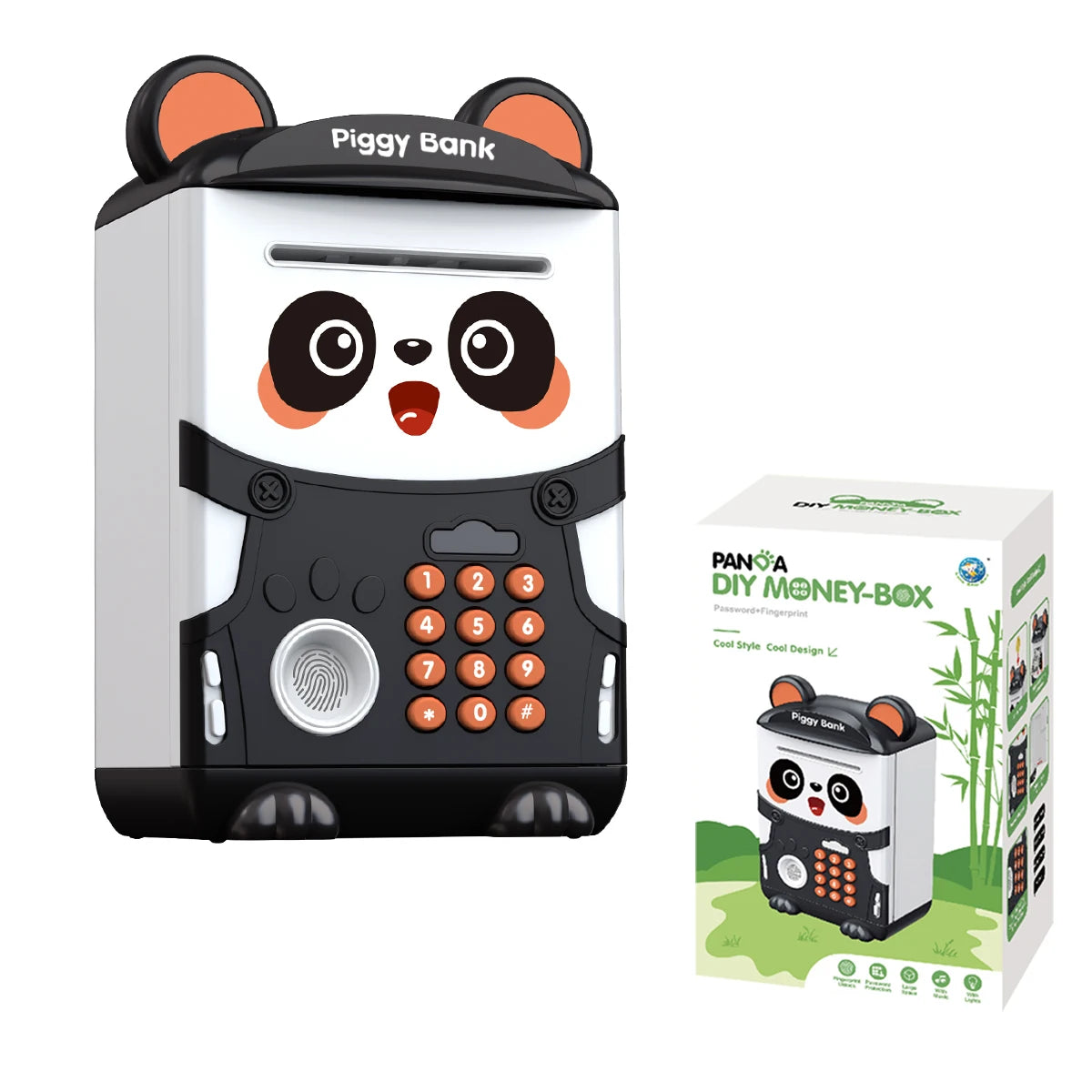 Panda Piggy Bank, Fingerprint Password Unlocking Automatic Induction Roll Simulation Creativity ATM Toys for 3+ Boys and Girls Vue black