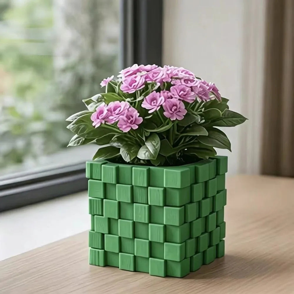 3D Printed Cube Flower Pot Creative Building Block Style Succulent Plant Pot Vase Modern Geometric Planter Office Desk Vue