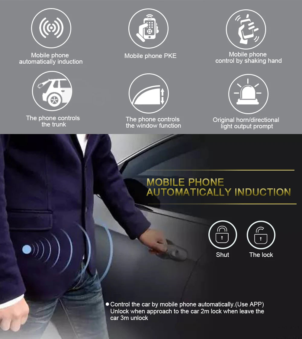 PKE Smart Key Car Alarm System 686W with Remote Central Locking Start Stop Push Button Passive Keyless Entry Vue
