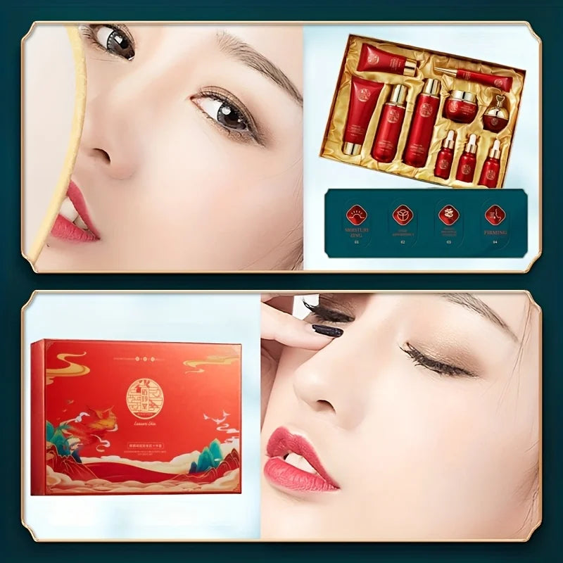 Qilin Jie Fu Yan Qin Run Ten-Piece Set of Hydrating and Moisturizing Facial Skincare Products, Containing a Variety of Herbal Extracts, with a Soft and Delicate Texture, Lightweight and Breathable, Skin-Friendly and Easy to A Vue