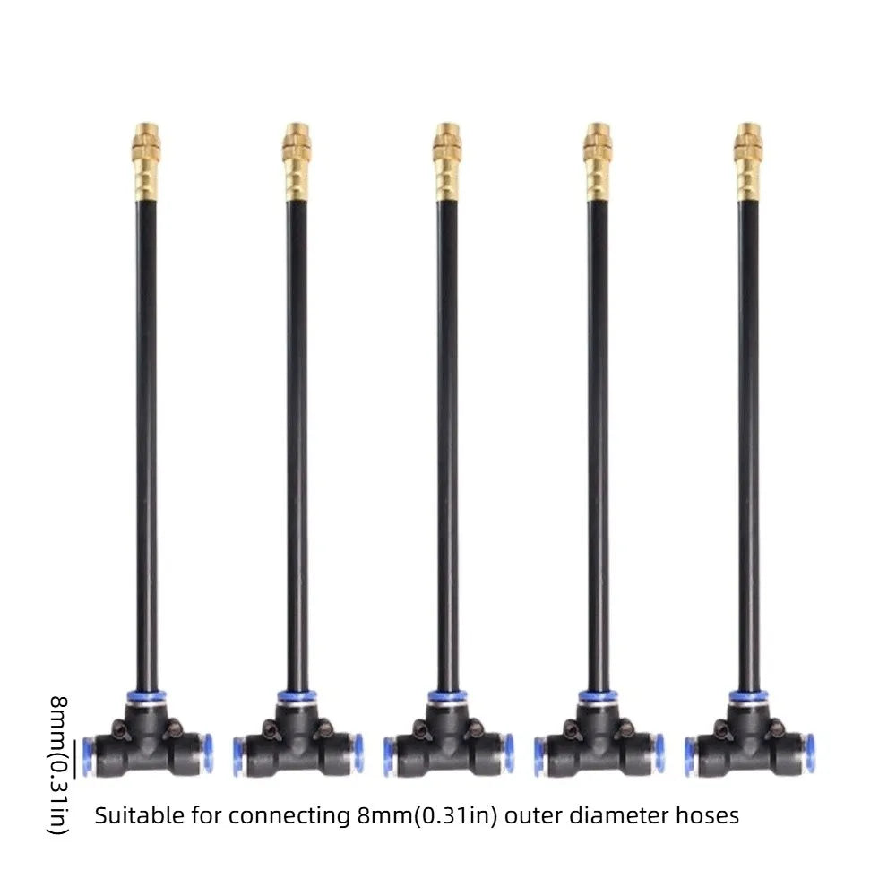 5Pcs Adjustable 360° Free-bend Misting Nozzles Quick Connect Large Area Coverage Misting Cooling System Anti-Rust with Tee Joint Vue With 8mm Connectors