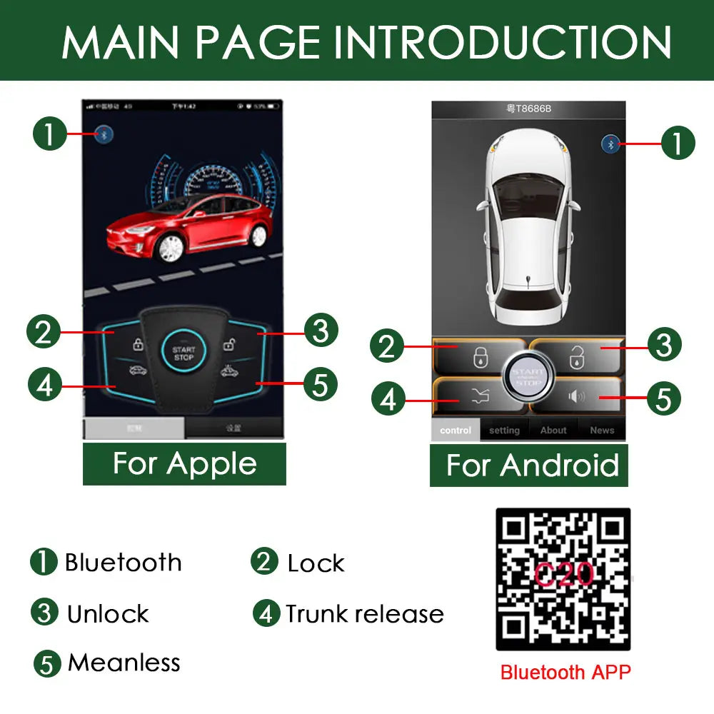 Smartphone Car Alarm System, Compatível com iOS e Android Phone, Remoto Smart Key Car Start and Stop System, PKE Car Vue