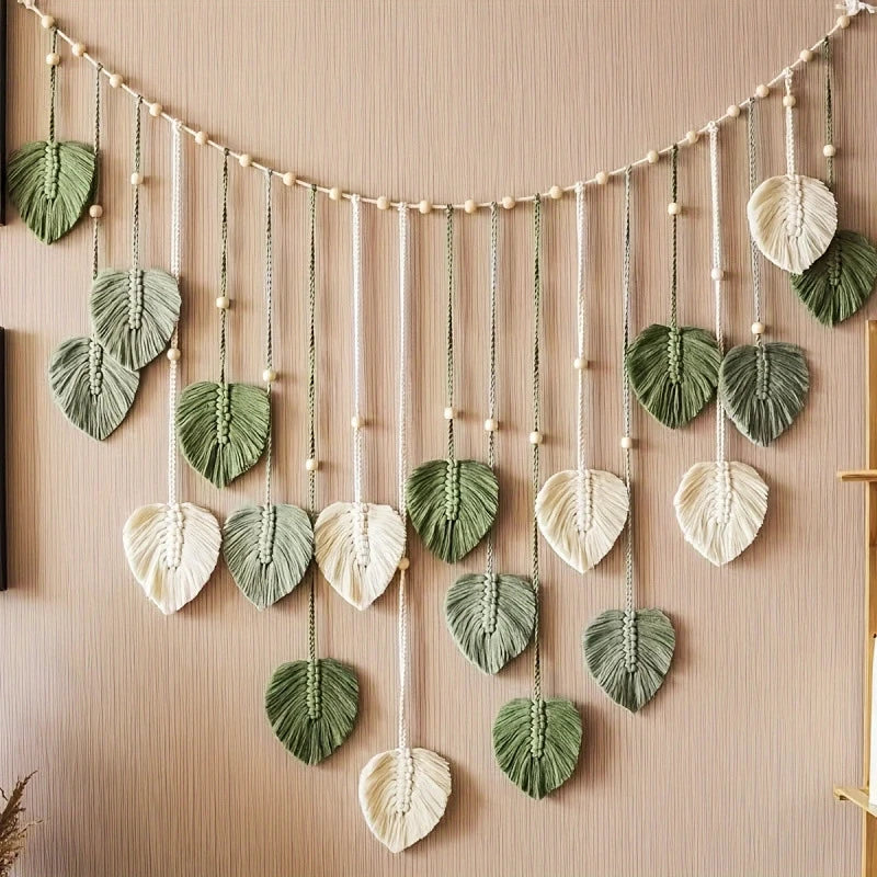 Bohemian Macrame Feather Wall Hanging Leaf Design Modern Boho Cozy For Bedroom Living Room Home Decor Gift For Women Teens Vue