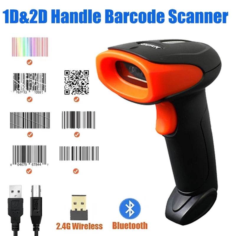 2D Handhel Barcode Scanner with Holder Portable 2.4G Wireless Bluetooth 1D 2D QR Code Reader Wired Bar Code Scanner with Stand Vue