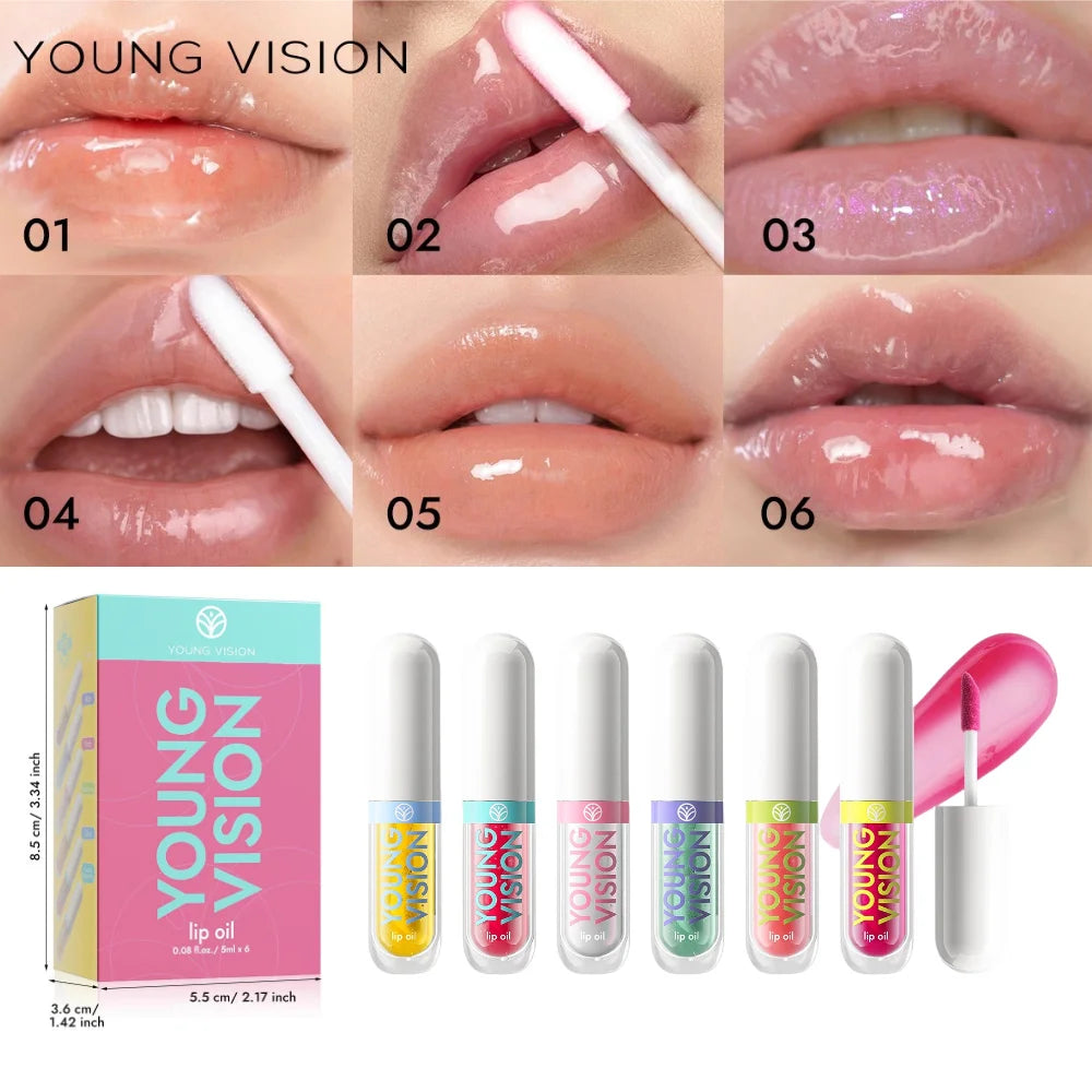 YOUNG VISION 6-Color Refreshing Fruit Flavored Moisturizing Lip Oil Set Colorful, Hydrating, and Moisturizing Lip Gloss Vue 8192-set