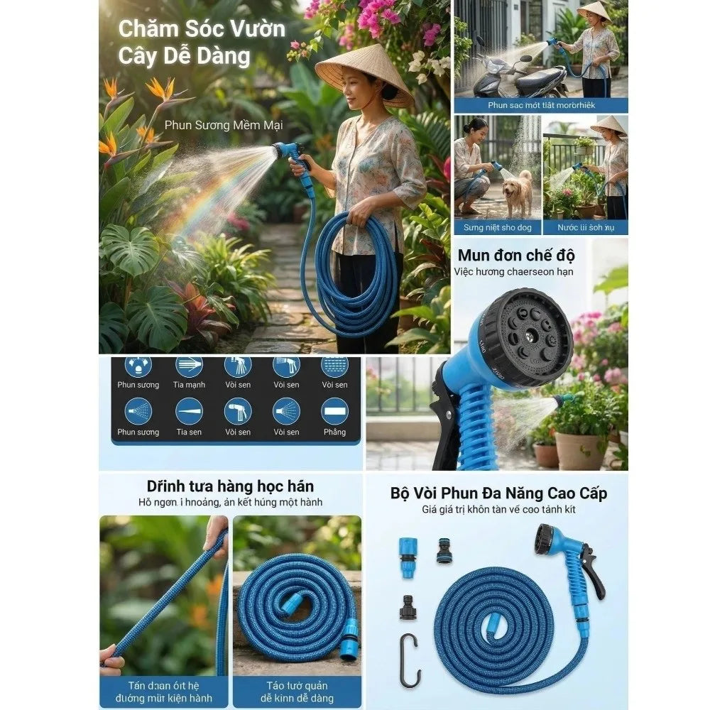 5-30M Garden Hose with Spray Nozzle Non-Clogging 7 Functions Automatic Watering Misting Kit Flexible Leak-Proof Spray Water Hose Vue