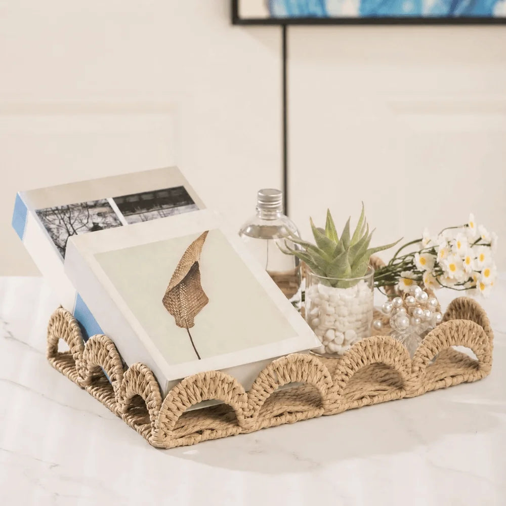 Handmade Paper Rope Storage Basket Rectangular Scalloped Edge Storage Tray Large Capacity Decorative Fruit Basket Bedroom Vue