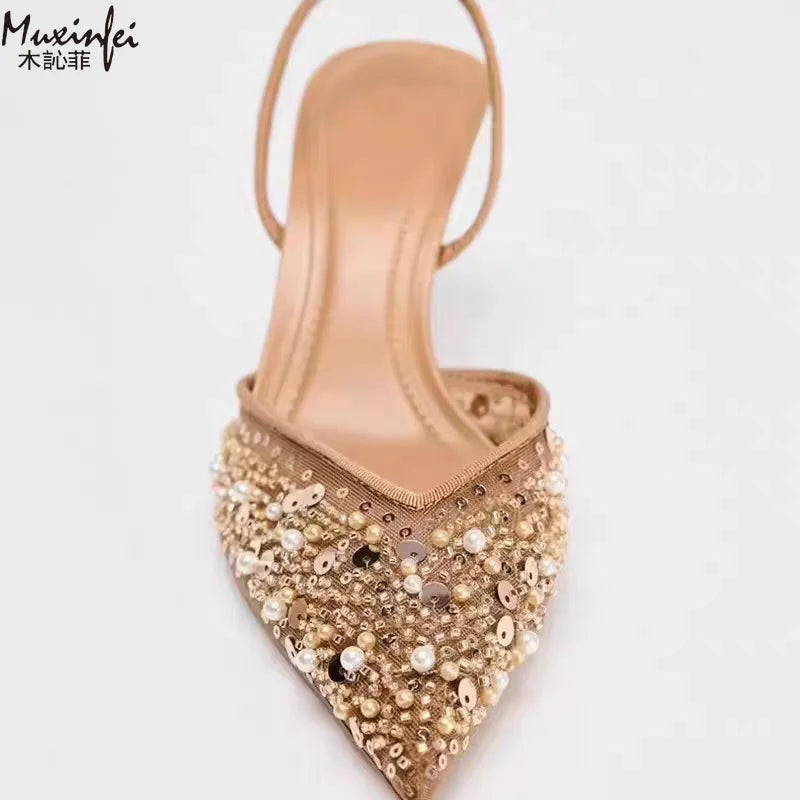 Women's Sequin Beaded High Heel Pointed Toe Mule Pumps High Heel Mule Pumps Vue