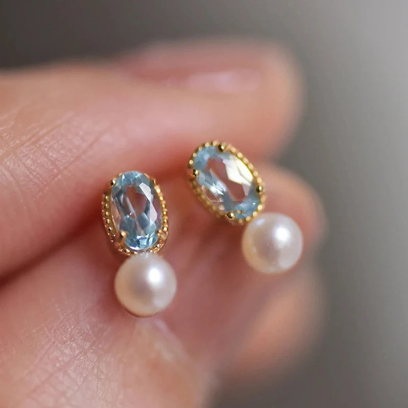 Huitan Sky Blue CZ & Pearl Stud Earrings for Women Pearl CZ Stud Earrings Vue