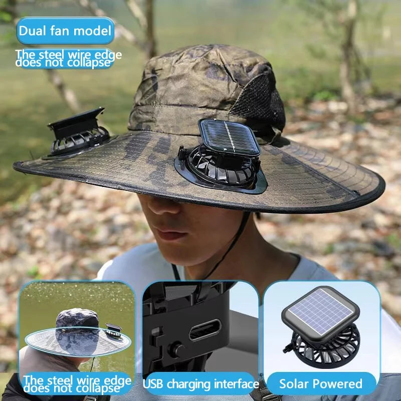 For Outdoor Camping Fishing Hiking Sunscreen Fisherman Hat Solar Fan Cap Portable Solar Charging Cap with Fan Suitable（with box） Vue green