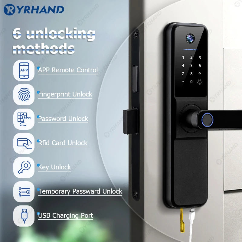 YRHAND Tuya Wifi fechadura eletronica digital Smart Door Lock With Biometric Camera Fingerprint Smart Card Password For home Vue