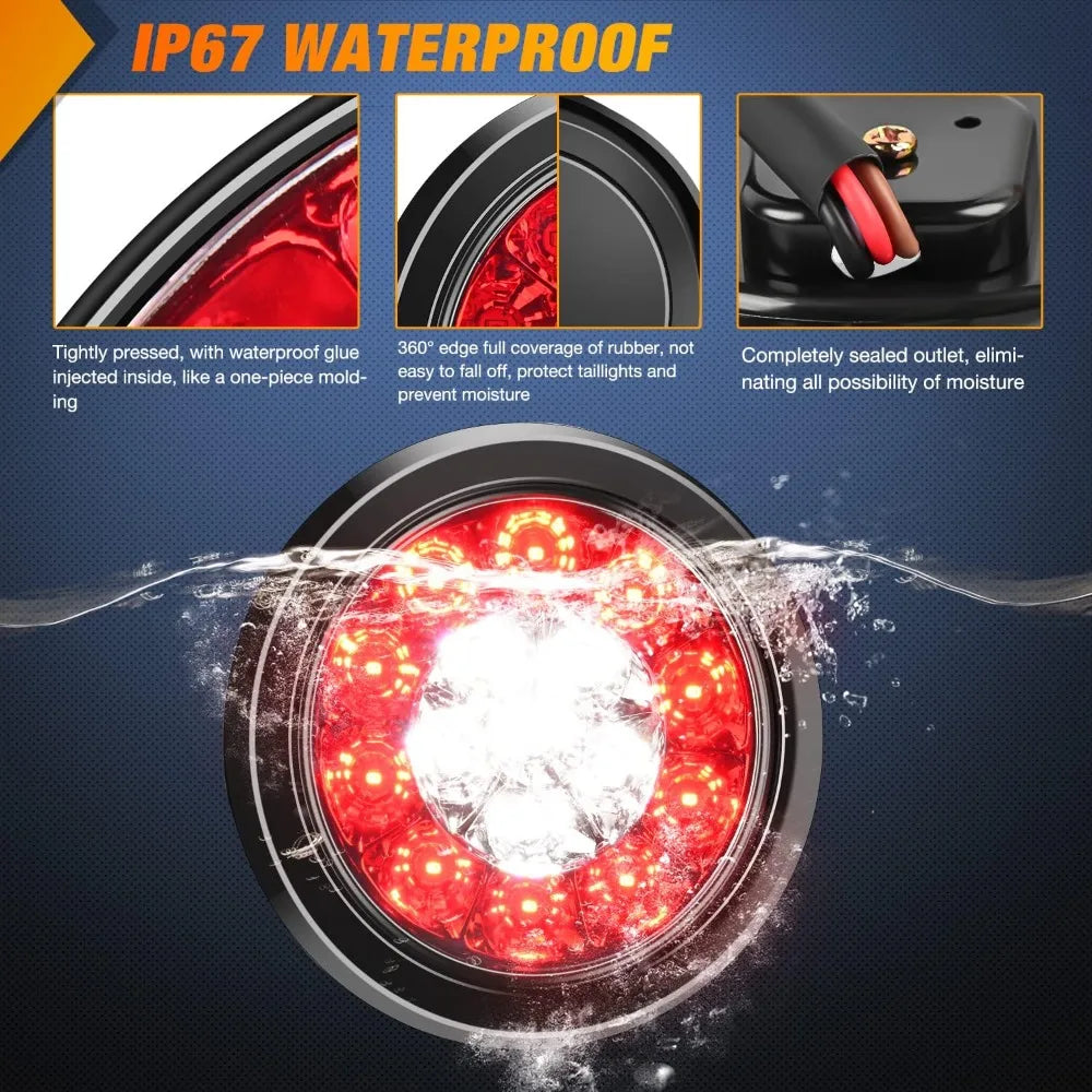 Nilight 2PCS 4’ Round LED Trailer Tail Lights Flush Mount Grommets Stop Brake Running Reverse Light for Trucks Trailers RV Moto Vue