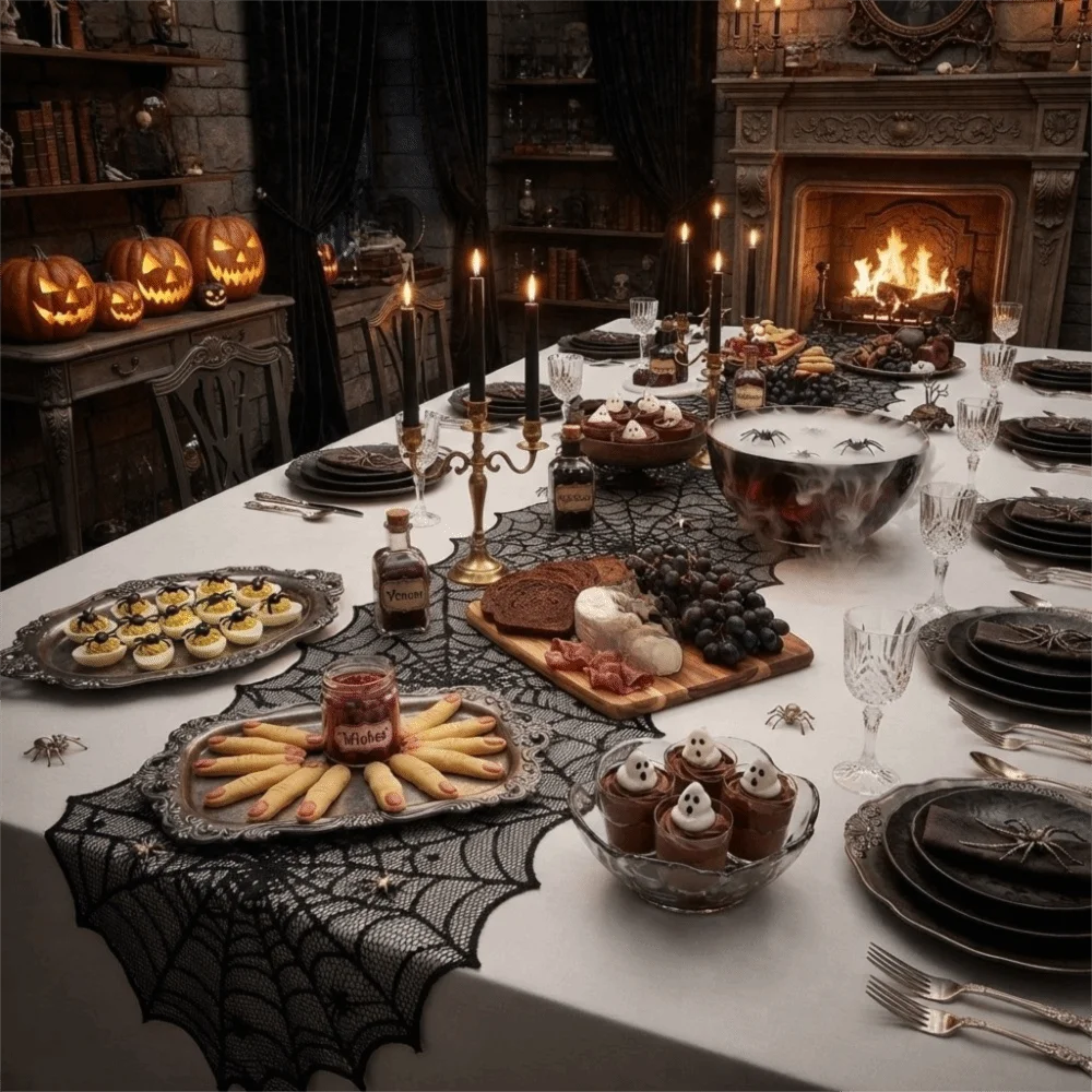 Translucent Spider Web Black Lace Table Runner with Spider Pendant Long Strip Halloween Table Cover Mesh Gothic Lace Tablecloth Vue