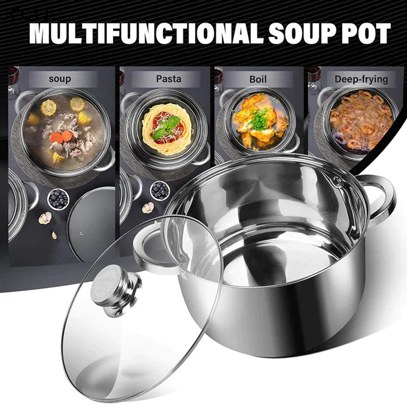 Stainless Casserole Cookware Double Handle Soup Pot Glass Cover