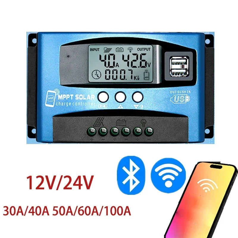 MPPT Solar Charge Controller 12V 24V WiFi Bluetooth LCD 100A Solar Charge Controller Vue bluetooth and wifi 100A