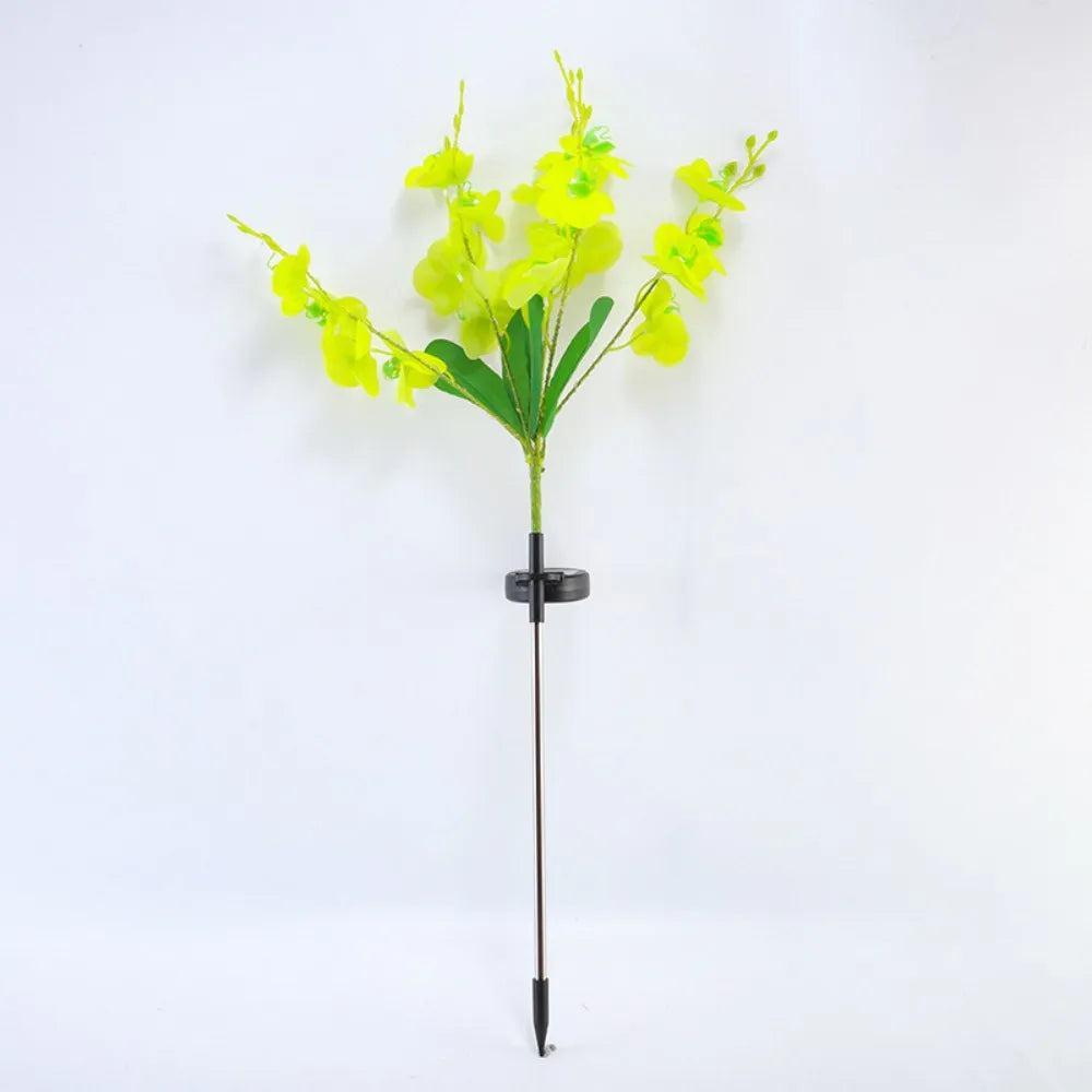 Solar Phalaenopsis Orchid Outdoor Stake Lights, 5Head Artificial Butterfly Orchid LED Lamp for Lawn Yard Garden Party Decor Vue Warm White Green 1PC 5Head