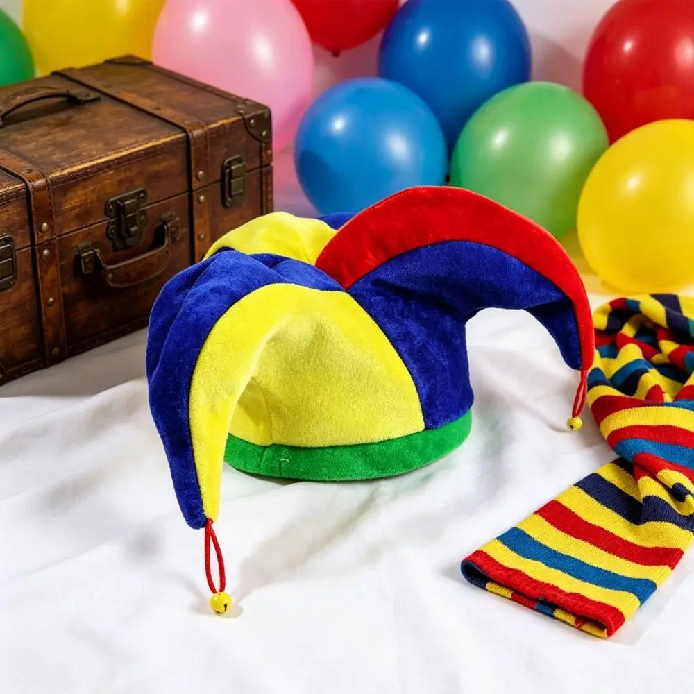 Multicolor Clown Hat 3 Points with Bells Mardi Gras Cap Funny Design Triangle Shape Halloween Party Hat Performance Stage Vue