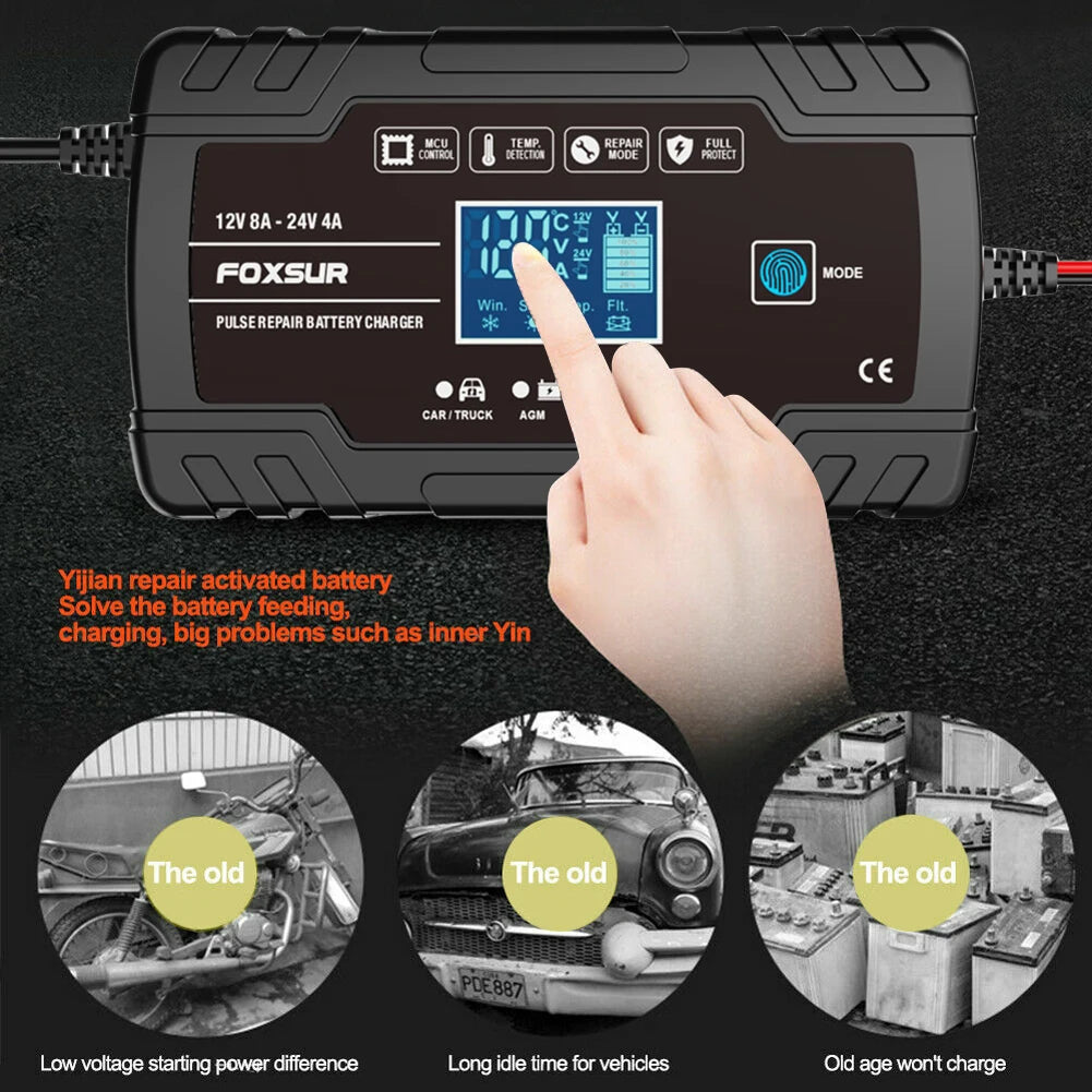 12V 24V 8A Smart Battery Charger | 3-Stage LCD AGM GEL Lead-Acid Smart Battery Charger Vue