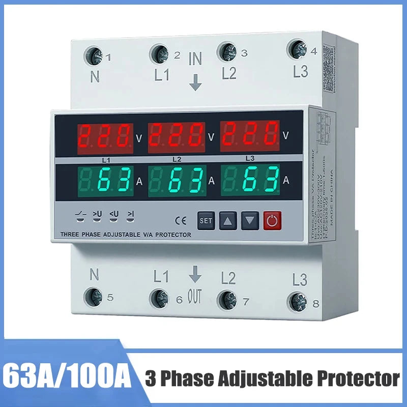 100A 63A 3 Phase Din Rail Phase Selector Adjustable Over and Under Voltage Current Protection Monitor Relays Protector Vue 63A