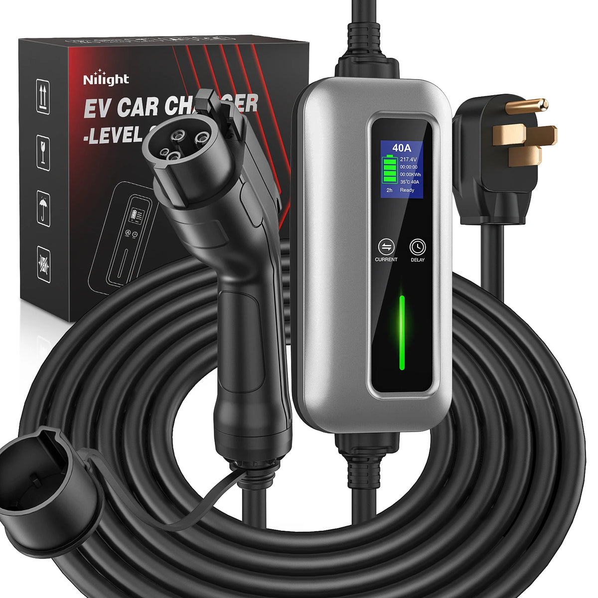 Nilight EV Charger Level 2, 40 Amp 240V, 25ft Cable SAE J1772 Portable Electric Car Charger with NEMA 14-50P Plug, Adjustable Current/Delay Timer Vue black United States