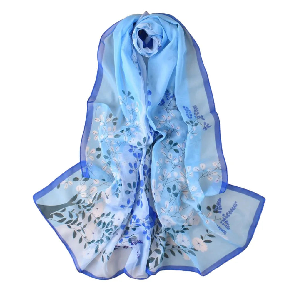 Floral Print Chiffon Scarf Long Thin Shawl Silk Soft Protection Vue Sky Blue
