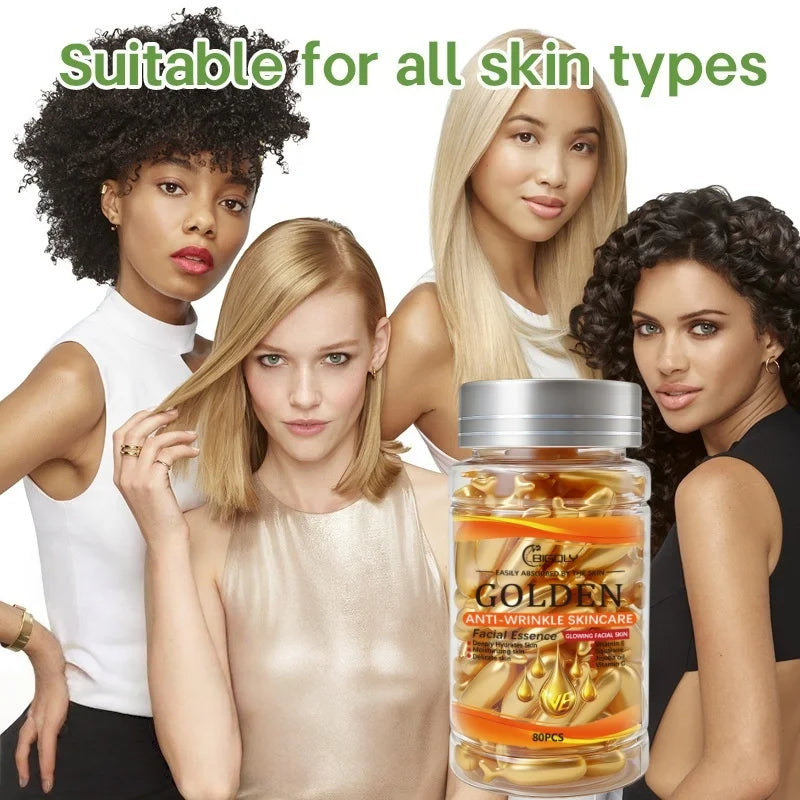 80 Capsules of Facial Anti-Wrinkle Serum, Rich in Vitamins C, E, and Squalane, Moisturizes and Nourishes the Skin, Making It Smooth and Delicate, Packaged in Capsule Form, Hygienic and Portable Vue