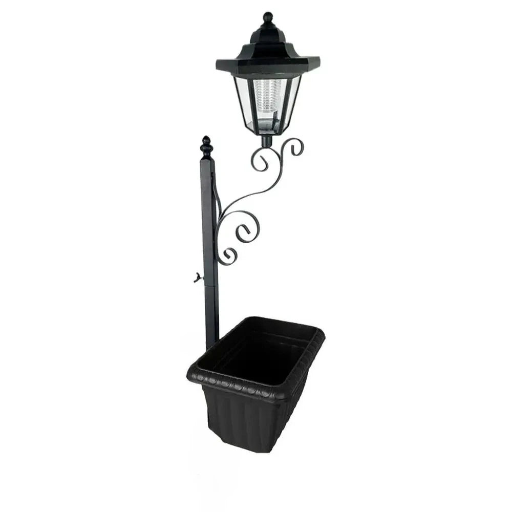 Wrought Iron Solar Lamppost with Planter Waterproof Outdoor Floor Stake Light for Garden Patio Walkway Landscape Ambiance Decor Vue Black
