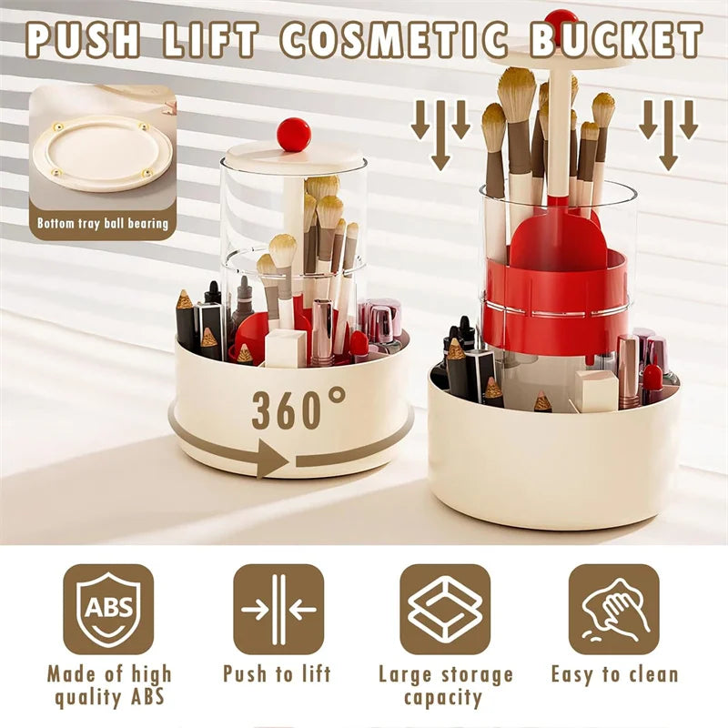 360° Rotating Makeup Brush Holder With Lid Automatic Lifting Dustproof Makeup Brushes Organizer Large Capacity Comestic Storage Vue