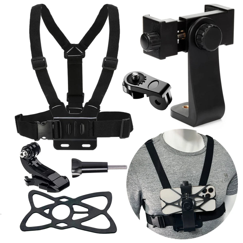 Chest Strap With 360 Rotation Phone Mount Belt For Gopro Hero 12 11 10 9 8 7 iPhone 13 14 Pro Max Insta360 X4 Action Camera Vue Full Set