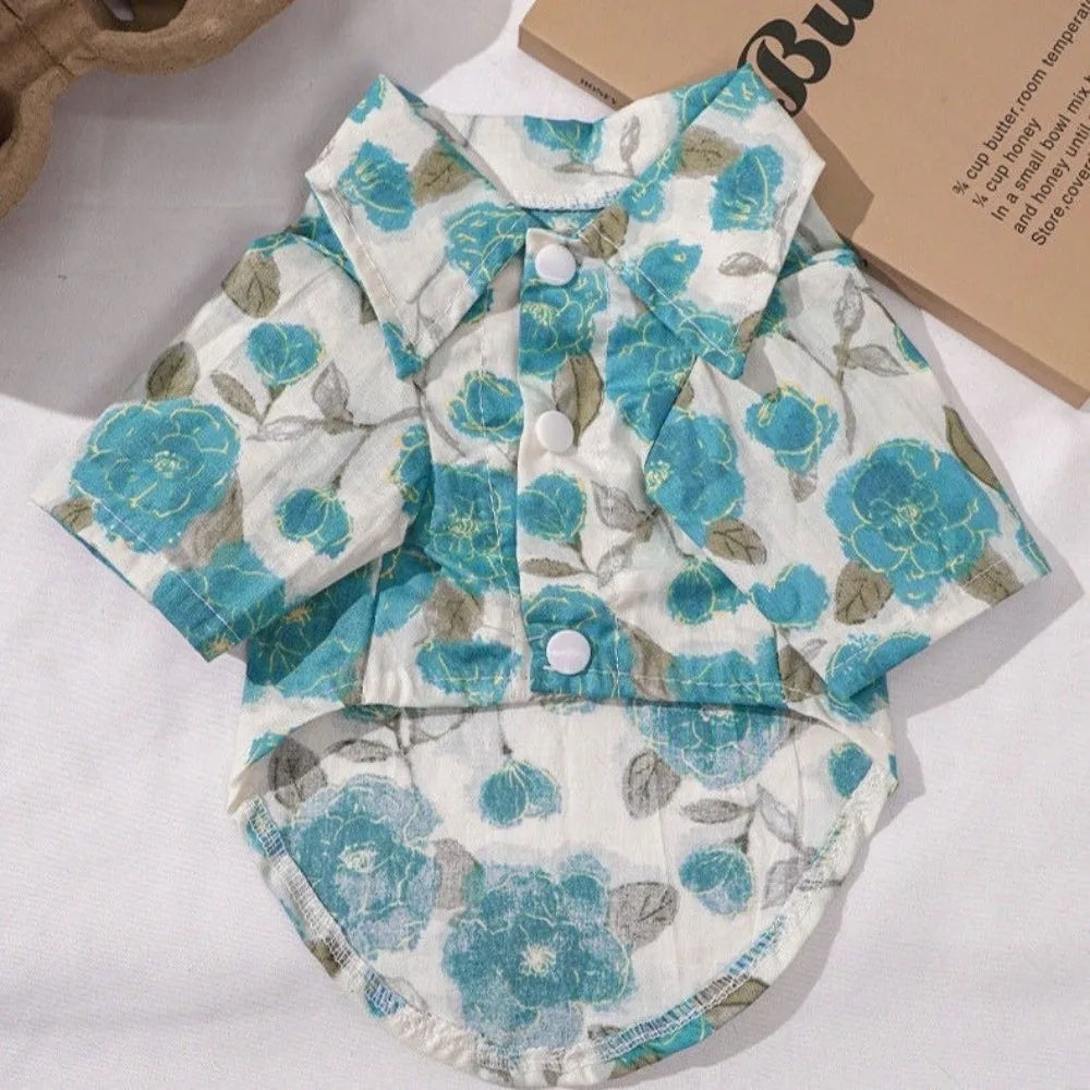 Flower Pattern Dog Shirt Breathable Thin Cat T-Shirts Soft Fabric Collared Style Dog Cooling Vest Outdoor Activities Vue Blue L