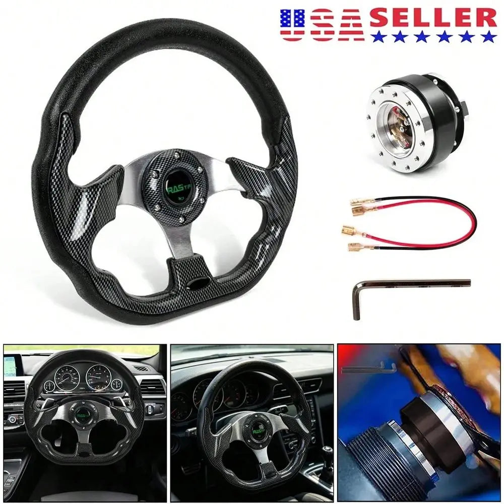 Aluminum Universal D Shape Racing Steering Wheel, With Universal Steering Wheel Quick Release Hub Kit Aluminum Alloy 6Bolt Quic Vue United States as illustrated
