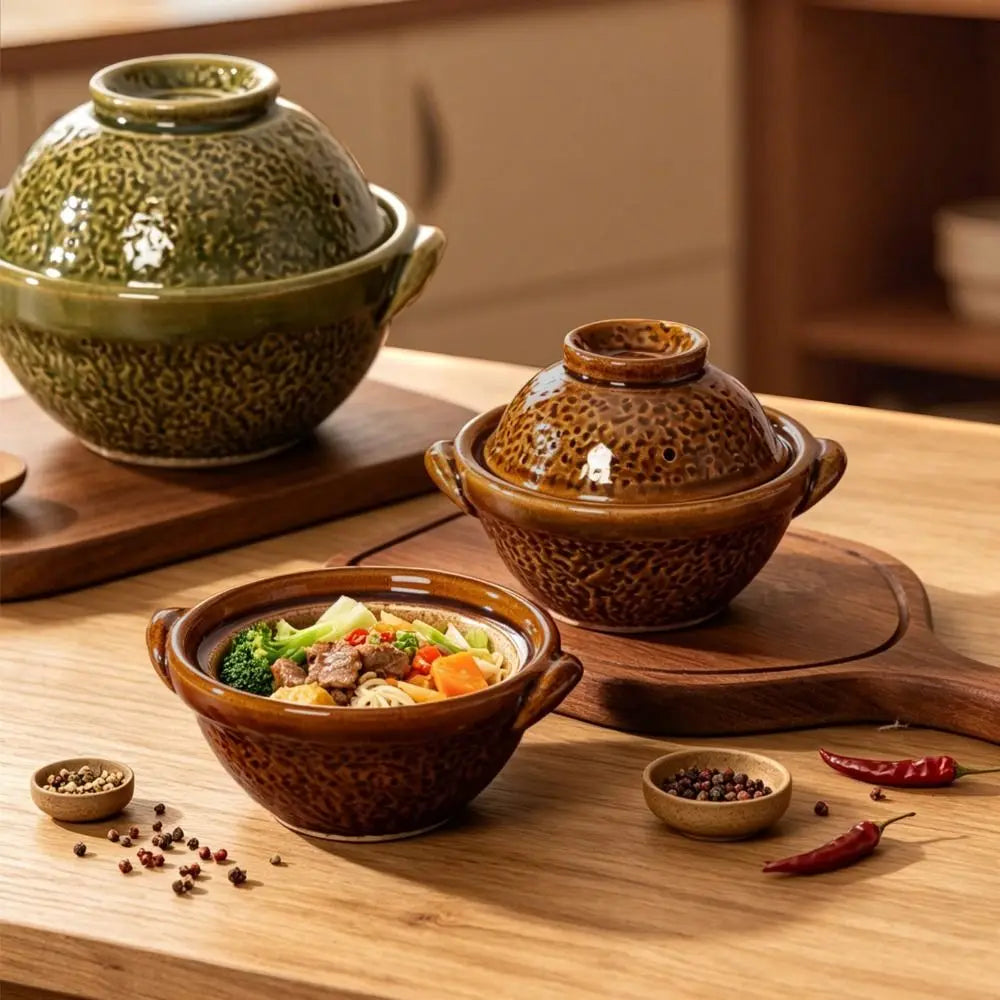 Durable Pottery Double-Handled Casserole Pot Double-layered Glaze with Lid Porridge Pot Vintage Rustic Style Clay Pot Restaurant Vue