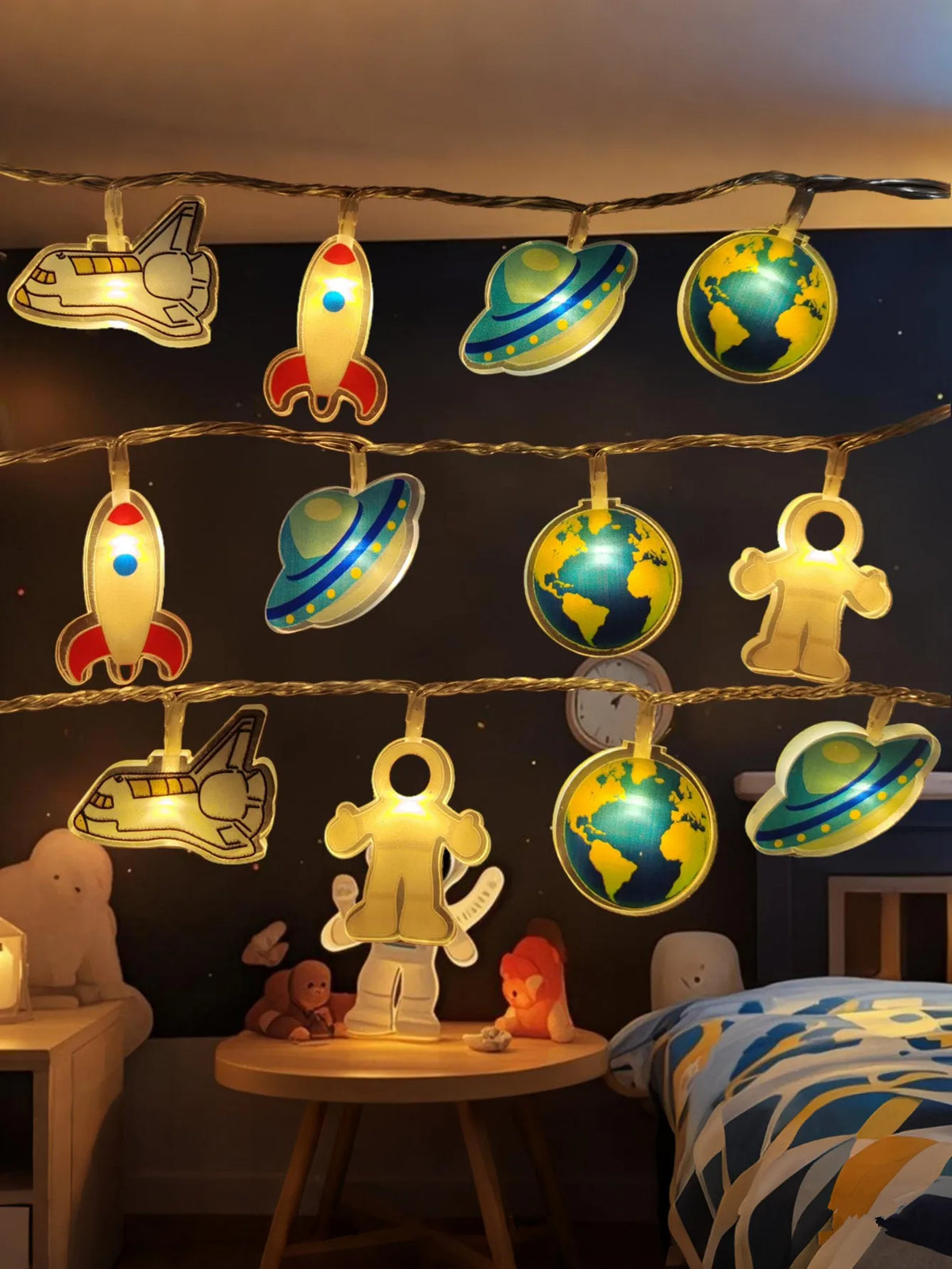 Space Astronaut Rocket Planet UFO LED String Lights Kids Bedroom Warm Fairy Decorative Lamp Gift Vue