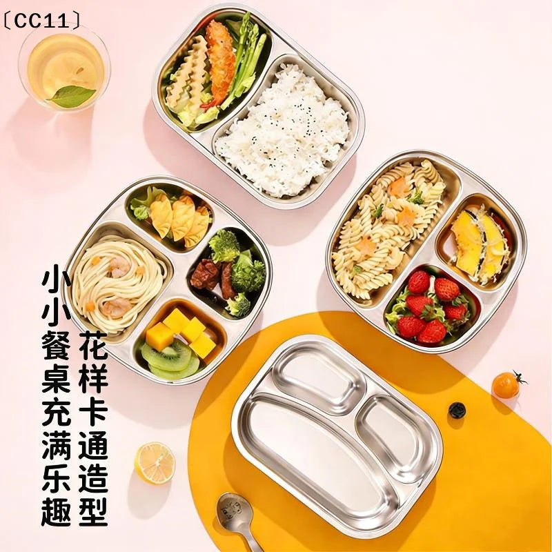 2/3/4 Grids Food Plate Dishes Reusable Stainless Steel Square Divided Dinner Plates Fruit Salad Plate Tableware Container〔CC11〕 Vue