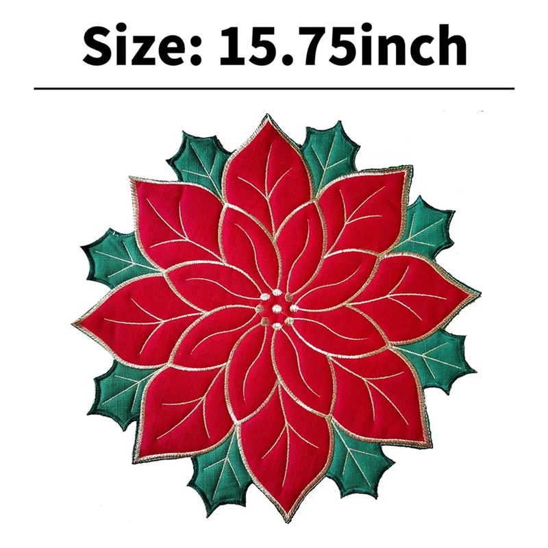 ABKW-8X Holiday Christmas Embroidered Placemats Applique Poinsettia Placemats Christmas Flower Placemat A Vue