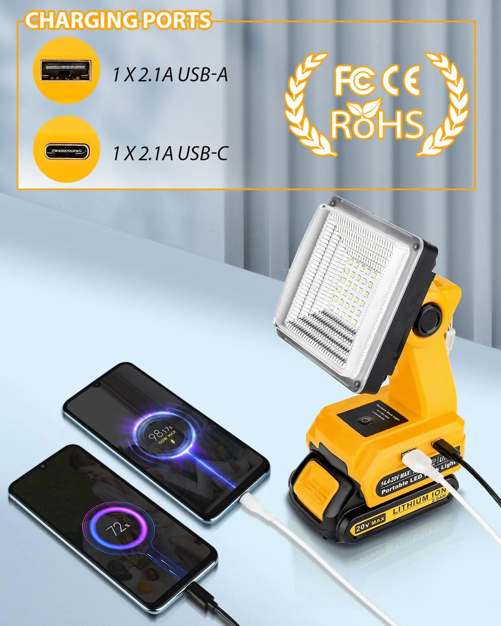 15W 2000LM Cordless LED Work Light Portable Floodlight for Dewalt 20V 60V Batteries with USB Charging Port for Job Sites Camping Vue